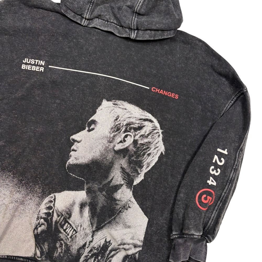 Justin Bieber Hoodie Men L Black Acid Wash Changes 12345 Album Art 2020 H&M Gift